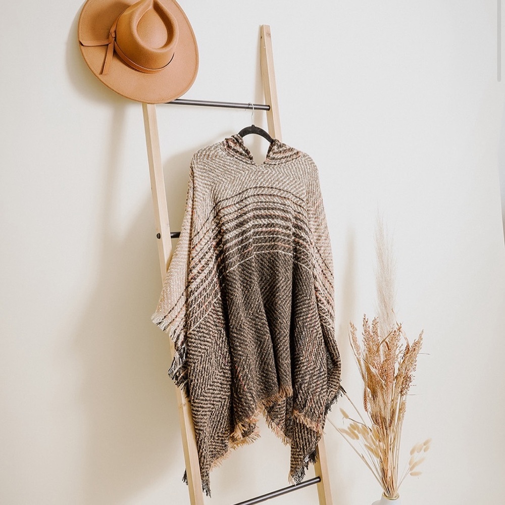 Mocha Herringbone Tweed Hooded Frayed Edge Knit Poncho